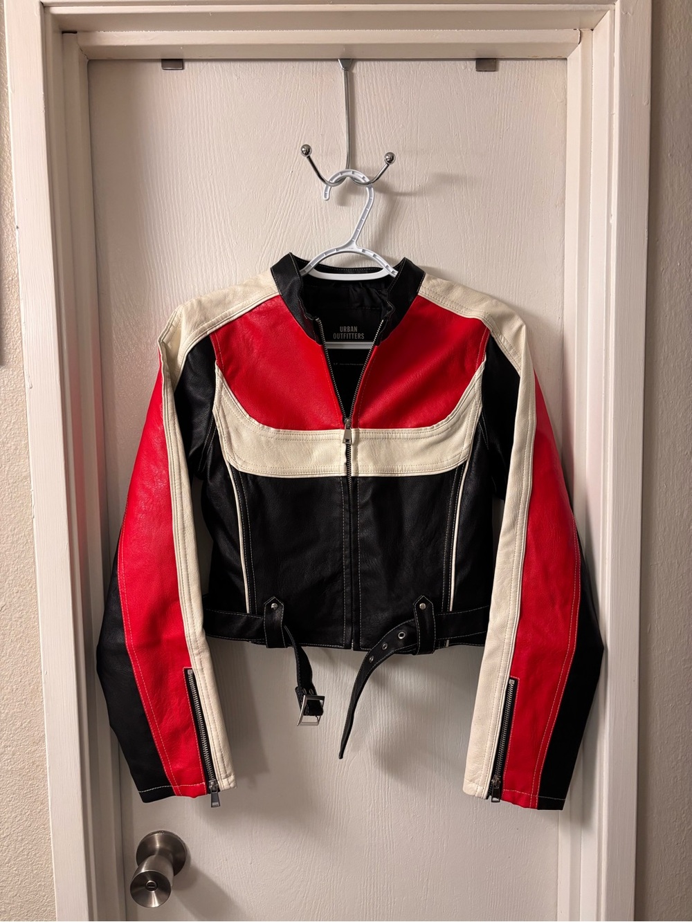 Urban Outfitters Black, Red & Cream Colorblock Leather Biker Jacket